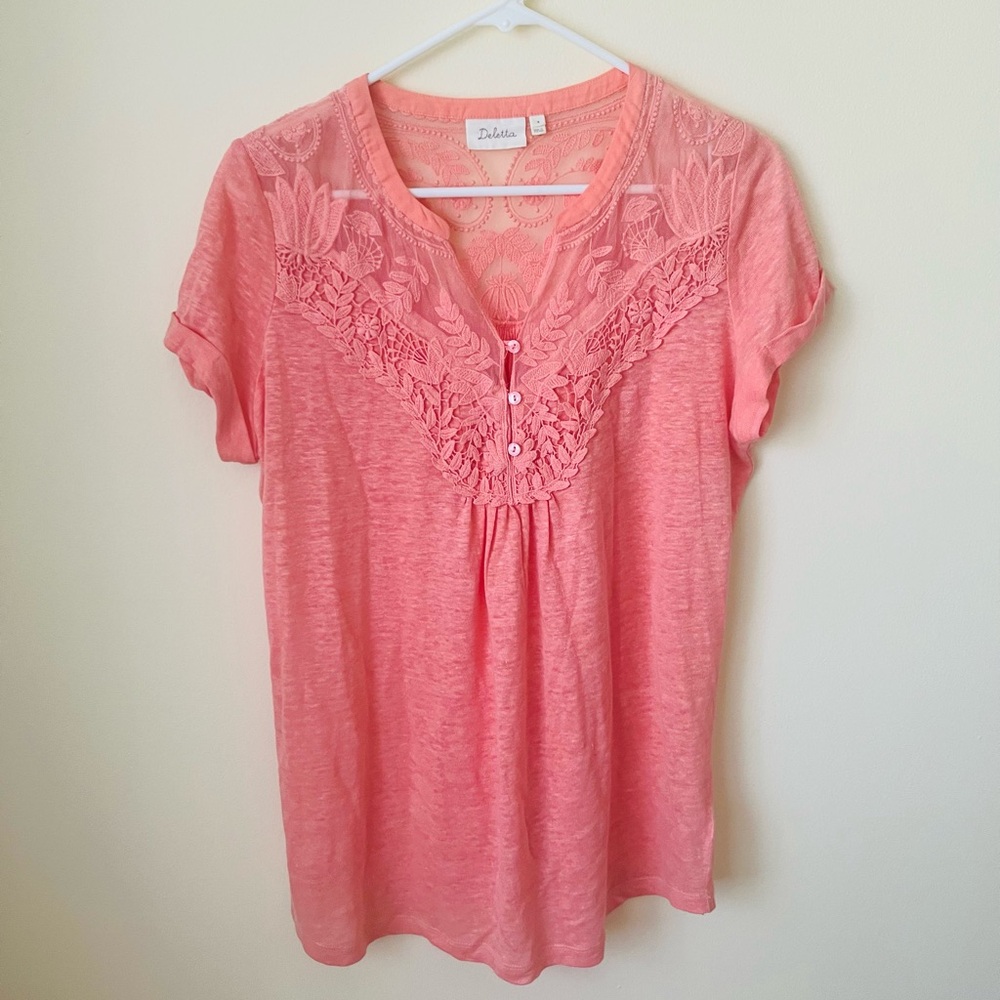 Deletta Anthropologie linen coral short sleeve top sheer lace embroidery size M